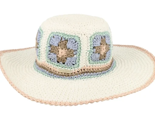 Straw Hat | Sun Hat-Seeberger Paper Crochet Floppy Flower White/Light Blue Sun Hat -