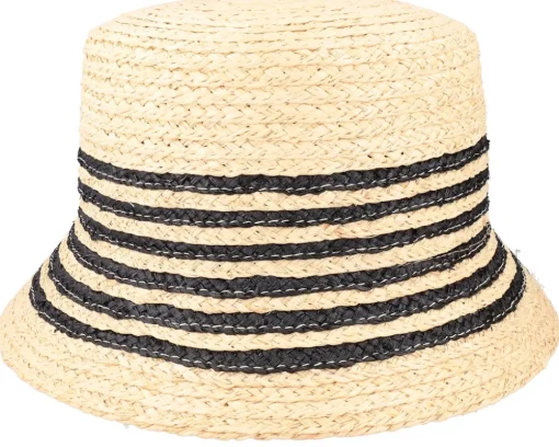 Straw Hat-Seeberger Raffia Cloche With Stripe Linen/Black Straw Hat -