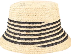Straw Hat-Seeberger Raffia Cloche With Stripe Linen/Black Straw Hat -