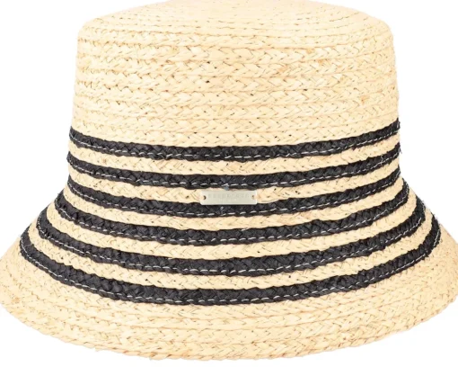 Straw Hat-Seeberger Raffia Cloche With Stripe Linen/Black Straw Hat -