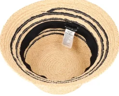 Straw Hat-Seeberger Raffia Cloche With Stripe Linen/Black Straw Hat -
