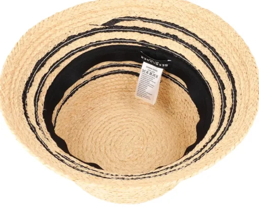 Straw Hat-Seeberger Raffia Cloche With Stripe Linen/Black Straw Hat -