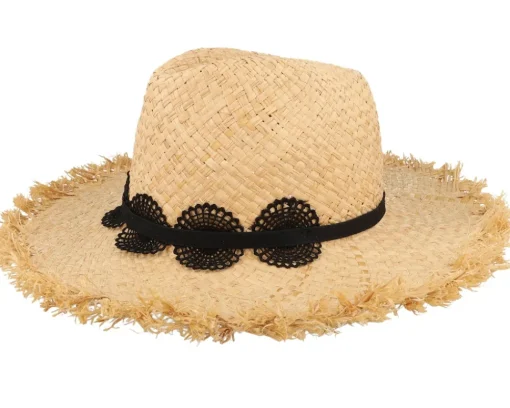 Fashion Seeberger Raffia With Lace Trimmi Natural/Black Straw Fedora -