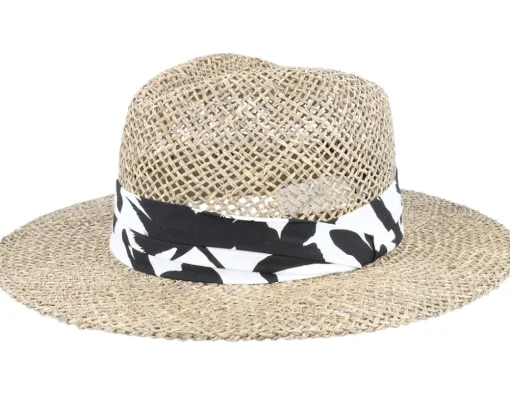 Outlet Seeberger Seagras Fedora With Trimming Nature-Black Straw Hat -