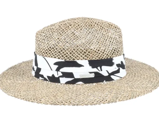 Outlet Seeberger Seagras Fedora With Trimming Nature-Black Straw Hat -