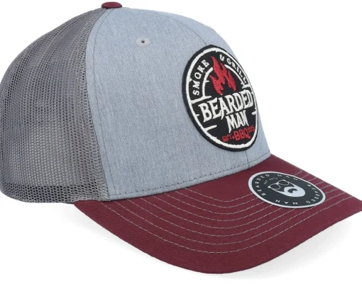 Trucker-Bearded Man Smoke Grill Bbq Logo Blk 112 /Charcoal/Maroon Trucker - Grey