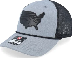 Trucker-Iconic Usa Map Flag Black Patch Heather Grey/Black Rope A-Frame Trucker -